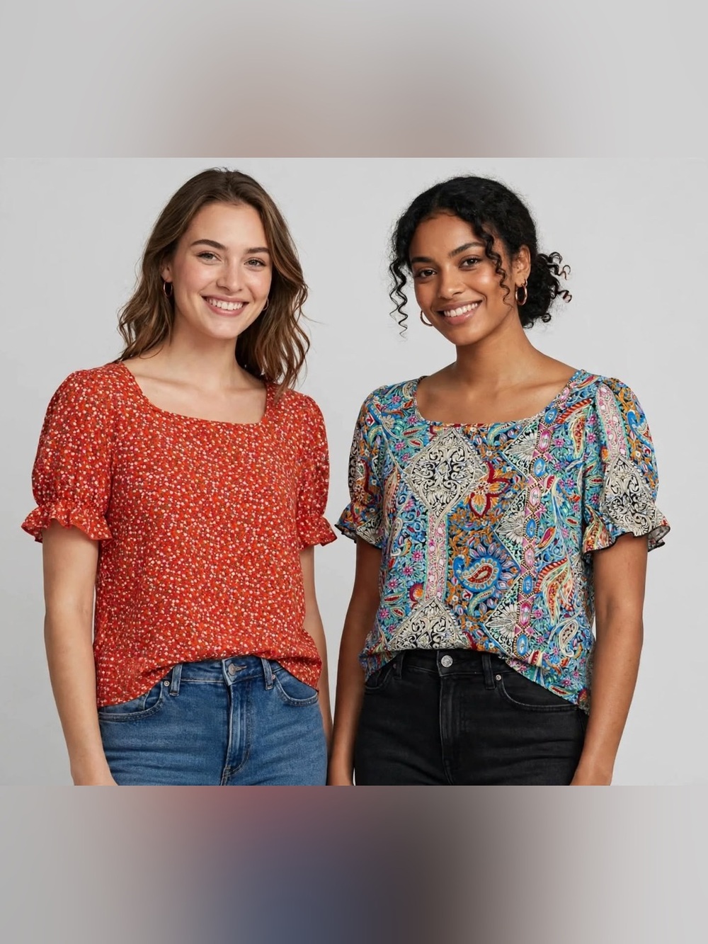 SHEIN Red Floral Square-Neck Short Sleeve Top